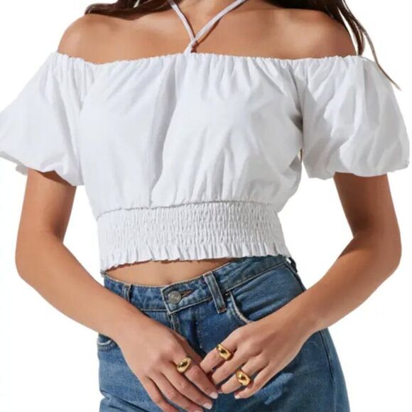 Astr Tops - ASTR Halter Off the Shoulder Puff Sleeve 100% Cotton Top
